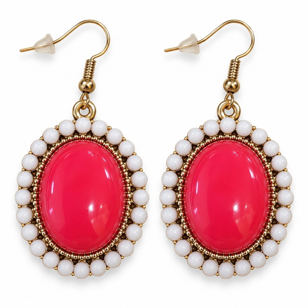 Unbranded Oval Drop Earrings Womens OS Pink Gold White Excellent Vintage Style
